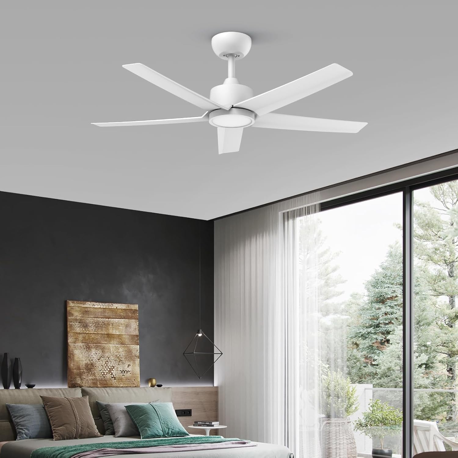44 Inch White 5-Blade Modern Ceiling Fan with 3CCT Dimmable LED Light, Reversible DC Motor, Remote & 2/4/8H Timer for Bedroom Living Room Kitchen