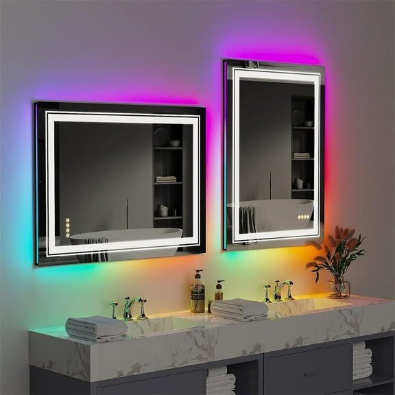 LUVODI RGB 7 Colors Adjustable Bathroom Mirror Anti-Fog Waterproof Rectangle 28x36 inch