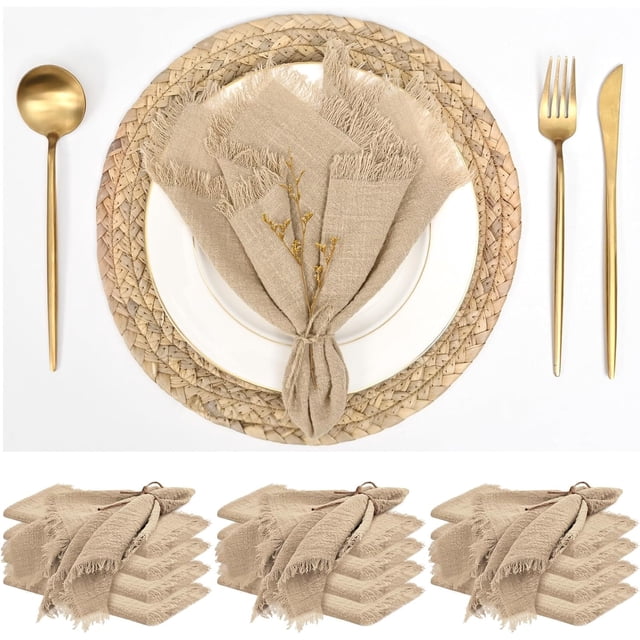 12 Pack Caramel Napkins Cotton Linen Napkins 16 x 16 Inch Caramel Cloth Napkin Handmade with Fringe Soft Napkin Cloths Washable Rustic Dinner Napkin Cloth for Wedding Party Dinner Table