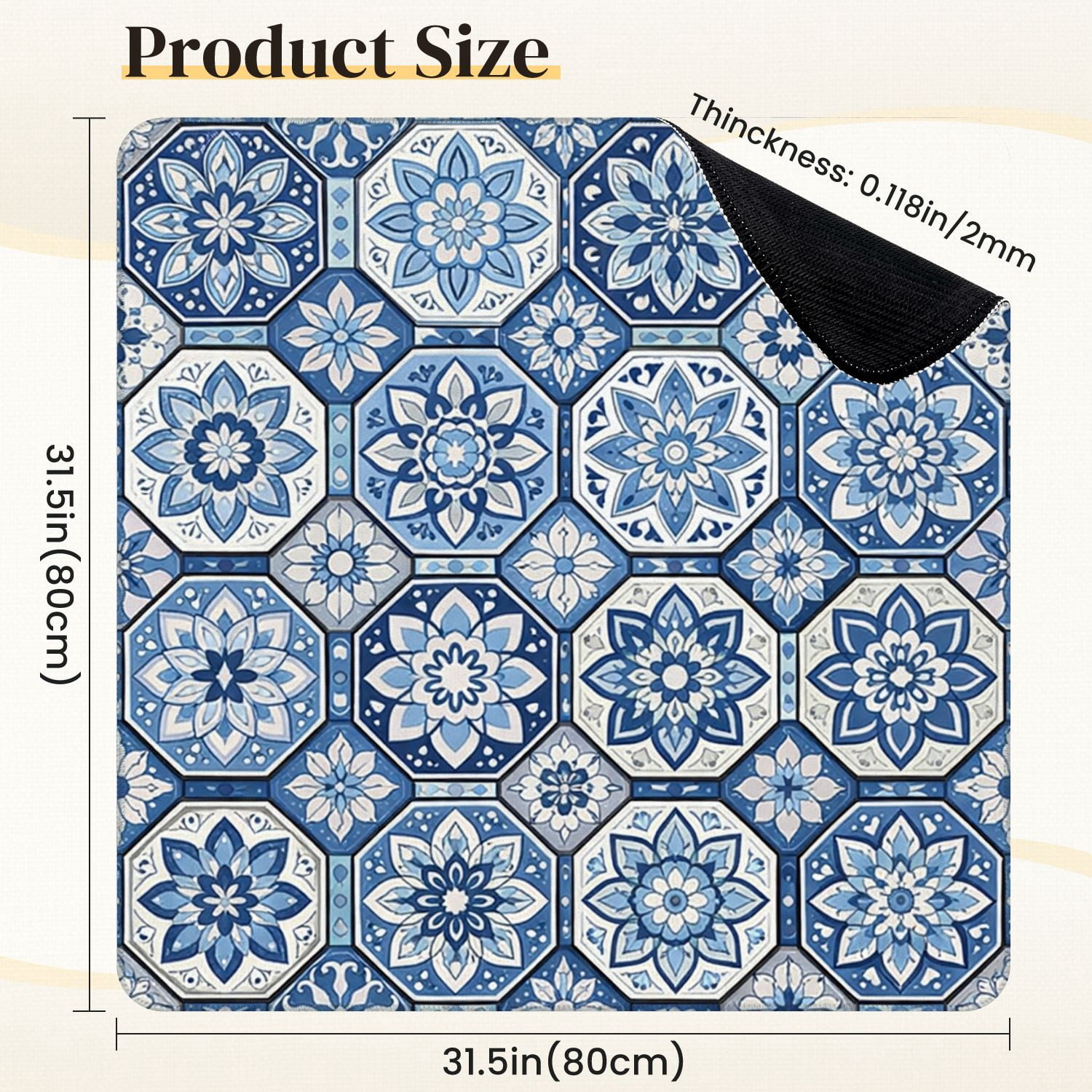 Mahjong Mat 31.5" x 31.5" Blue Floral Intricate Tile Geometric Shapes Anti-Slip and Noise Reduction Symmetry Design Mahjong Tiles Table Cover for Dominoes Poker Card Board and Tile Games