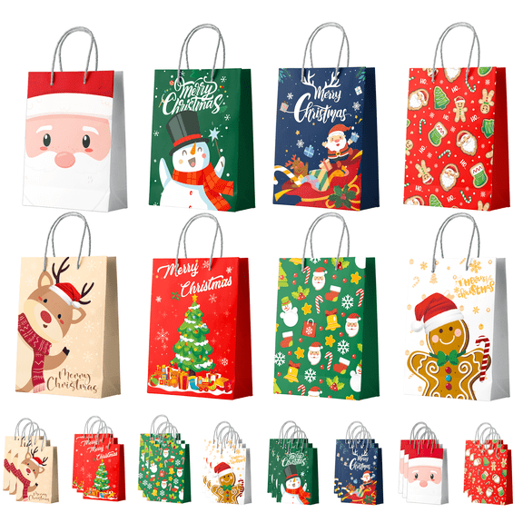 Christmas Bags Bulk, 24 Pcs Xmas Bags for Gifts Set - Christmas Wrapping Bags, Christmas Party Gift Bags & Christmas Paper Bags with Handles, for Kids/Men/Women Christmas Party Decorations Presents
