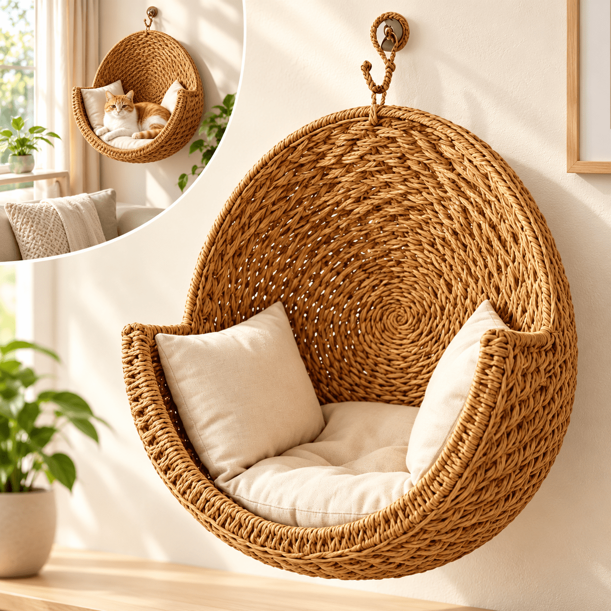 Handwoven Hanging Cat Bed with Soft Cushion Space-Saving Wall-Mounted Woven Basket for Bedroom and Living Room 1 Piece Brown