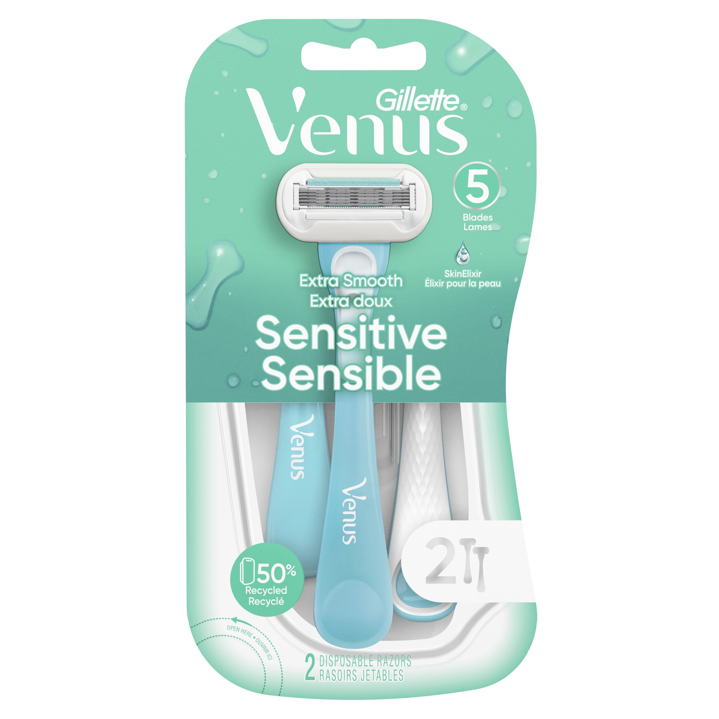 (4 pack) Venus Extra Smooth Sensitive Women's 5 Blade Disposable Razor, 2 count, Blue