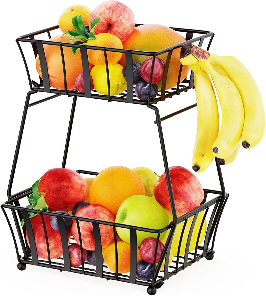 Fruit Basket, 2 Tier Fruit Bowl with Banana Hanger, Detachable Wire Basket Storage Saving Space
