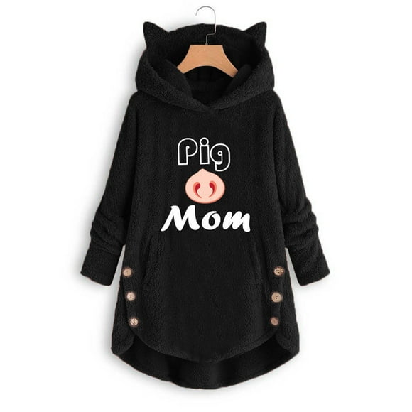 Meihcang Fuzzy Hoodies for Women with Ear Cute Graphic Hooded Sweatshirt Winter Warm Sherpa Fleece Loungewear Curve Hem Button Pullover Hoodies with Pocket Black S