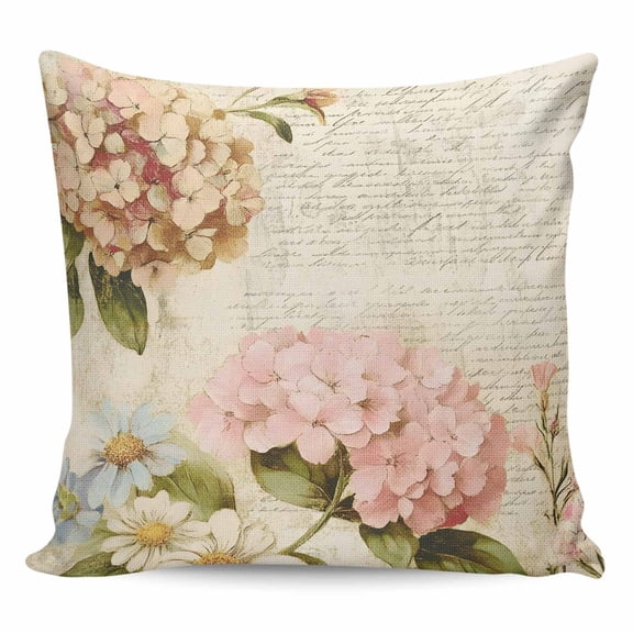 Throw Pillow Covers 16x16 Inch, Pink Orange Hydrangea Decorative Pillow Cases for Couch Sofa Bed, Spring Vintage Botanical Flowers Cotton Linen Square Home Decor Pillowcases with Hidden Zipper