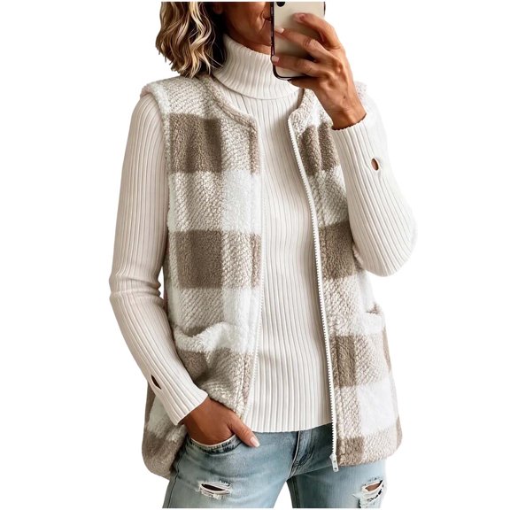 Women Zip up Sleeveless Fleece Jacket, Classic Plaid Vest with Side Pockets, Loose Fit Warm Gilet for Fall Winter Layering Loungewear Khaki XXL