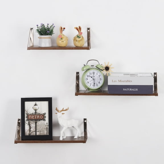Set of 3 Floating Shelves Wall Mounted Rustic Wood Wall Shelves For Bedroom