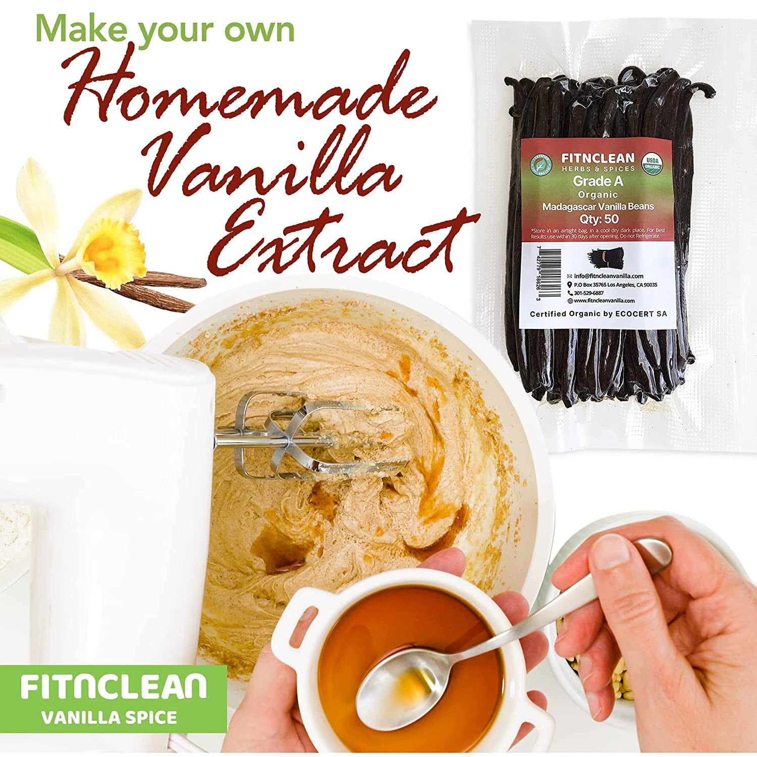 50 USDA Certified Organic  Madagascar Vanilla Beans Grade A. Non-GMO ~5" Fresh for Baking and Homemade Extract by FITNCLEAN VANILLA