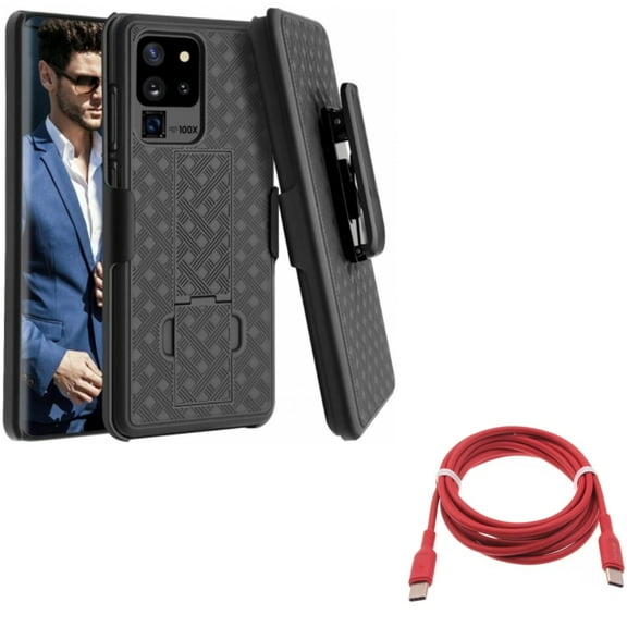 Red 6ft Long Cable w Case Belt Clip for Samsung Galaxy S20 Ultra - USB-C to Type-C PD Fast Charger Cord, Holster Swivel Cover fits Samsung Galaxy S20 Ultra