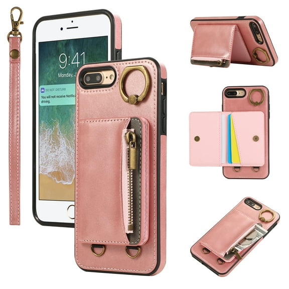 Allytechgroup Stylish iPhone 8 Plus/ 7 Plus Wallet Case, Secure Case for Apple iPhone 8 Plus/ 7 Plus, Multi-functional Durable, Ring Holder Hand Wrist Stand Shockproof Case for Women Men, Pink