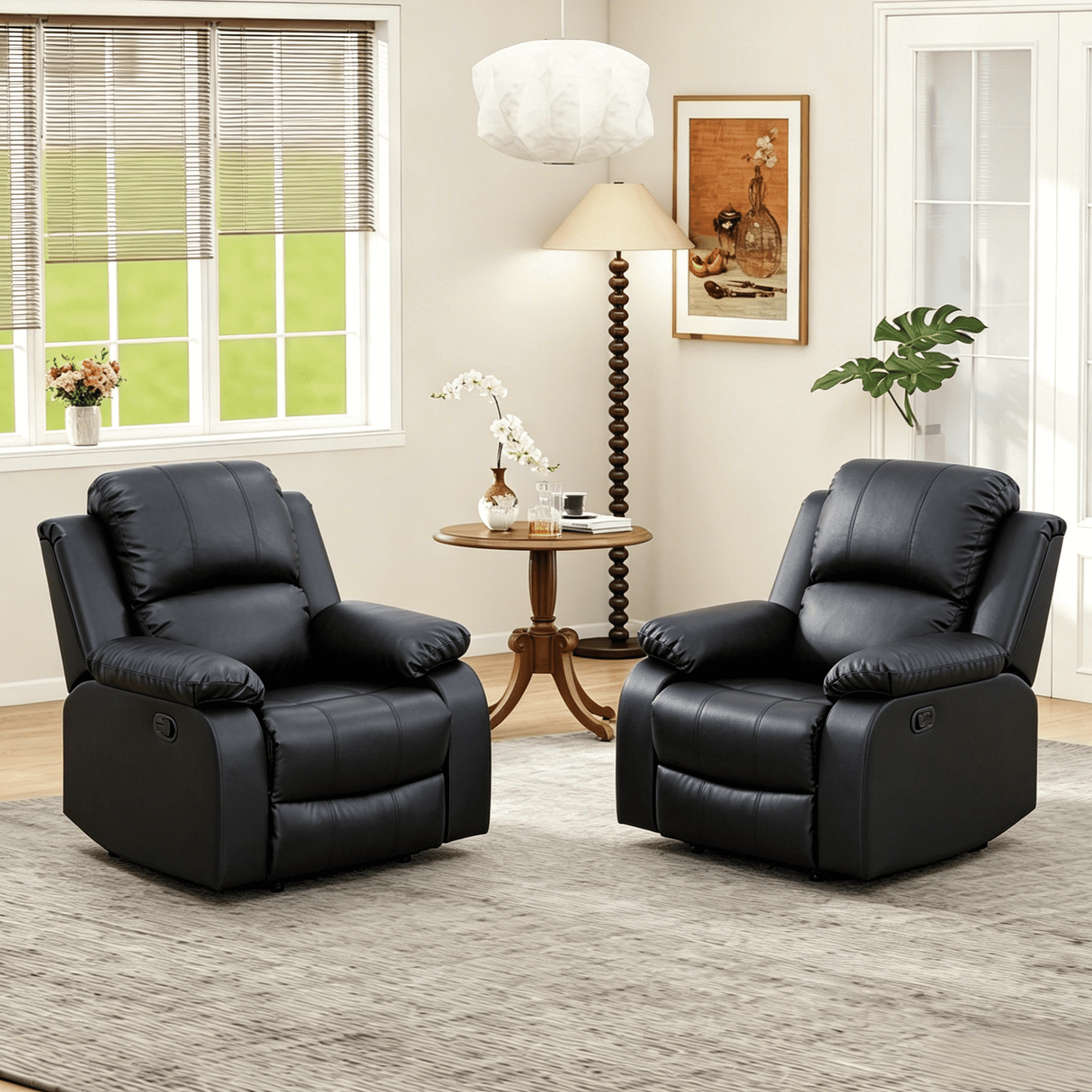 Gewnee PU Manual Recliner Chair Set of 2,Single Sofa Recliners,Adjustable Backrest,Comfort Lazy Chair for Living Room,Bedroom.Black