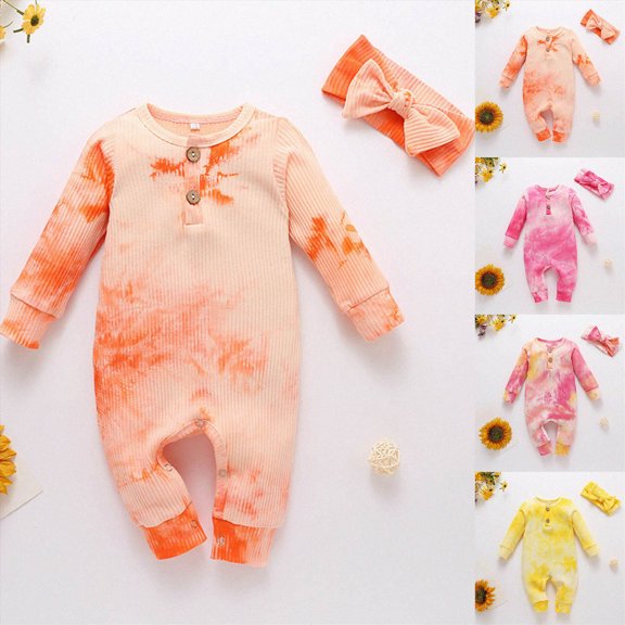 0-3 Months Preemie Sleep & Play One-Piece Bodysuit Baby Boy Pullover Tie Dye Printed Color Long Sleeved Long Romper Yellow Infant Gift