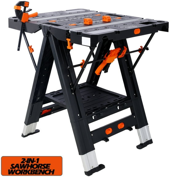 Seizeen Work Bench for Garage, 31.25’’L Portable Folding Work Table, 2-IN-1 Sawhorse & Workbench Adjustable Height, Max 1,000lbs, with Clamp, Limit & Connecting Blocks, for Crafts DIY