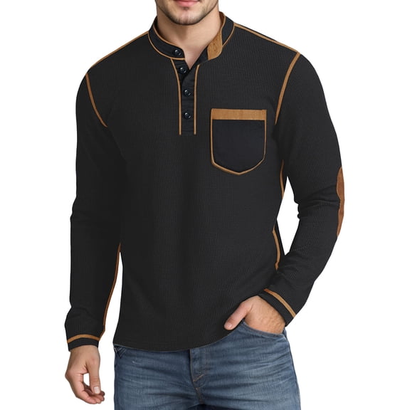 BUWTTER Mens Tshirts Long Sleeve Neck Thermal Knit Top Fall Winter Comfort Casual Soft Textured Men Shirts Black L