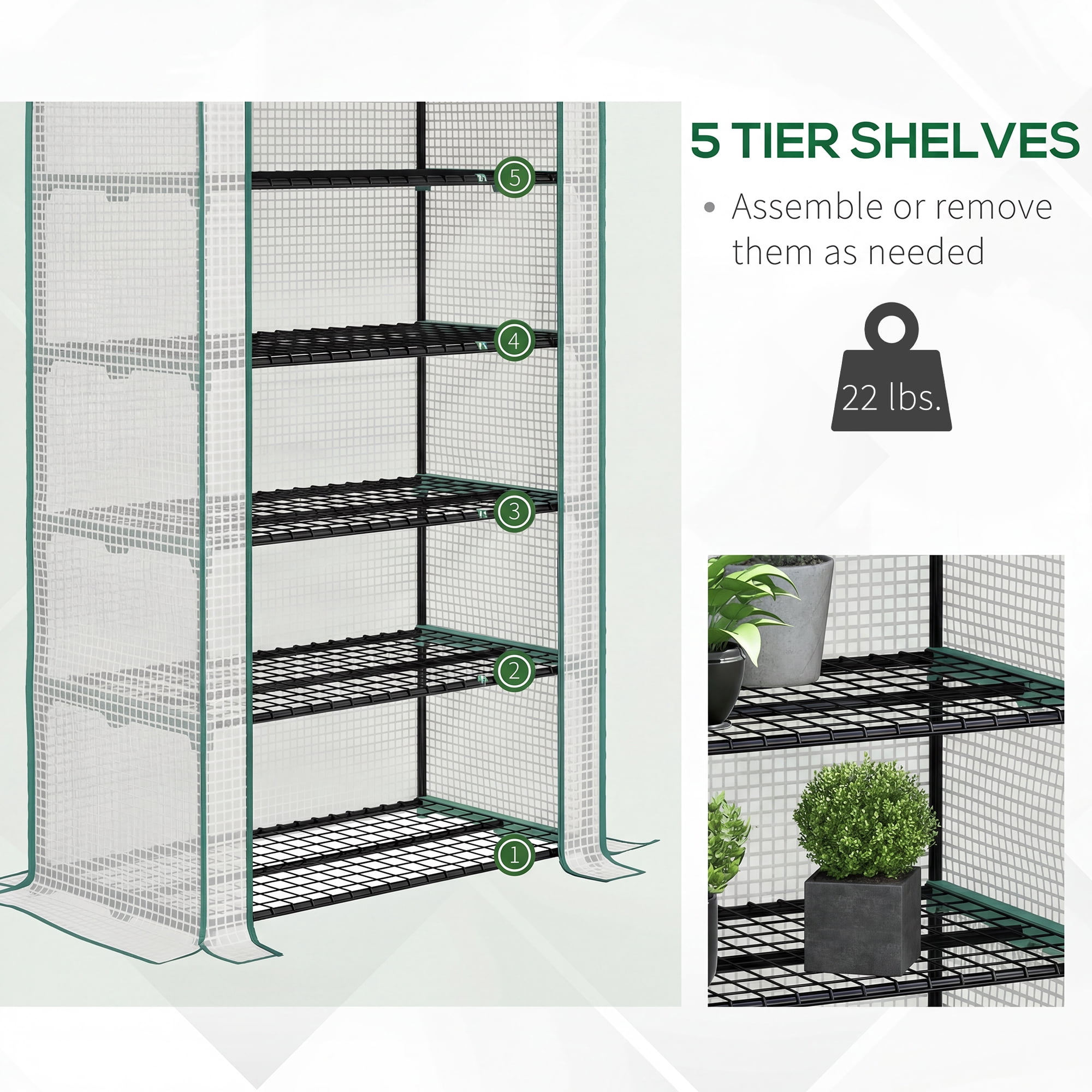 Outsunny 5 Tier Mini Greenhouse with Reinforced PE Cover, Small Portable Greenhouse with Roll-Up Zippered Door, White