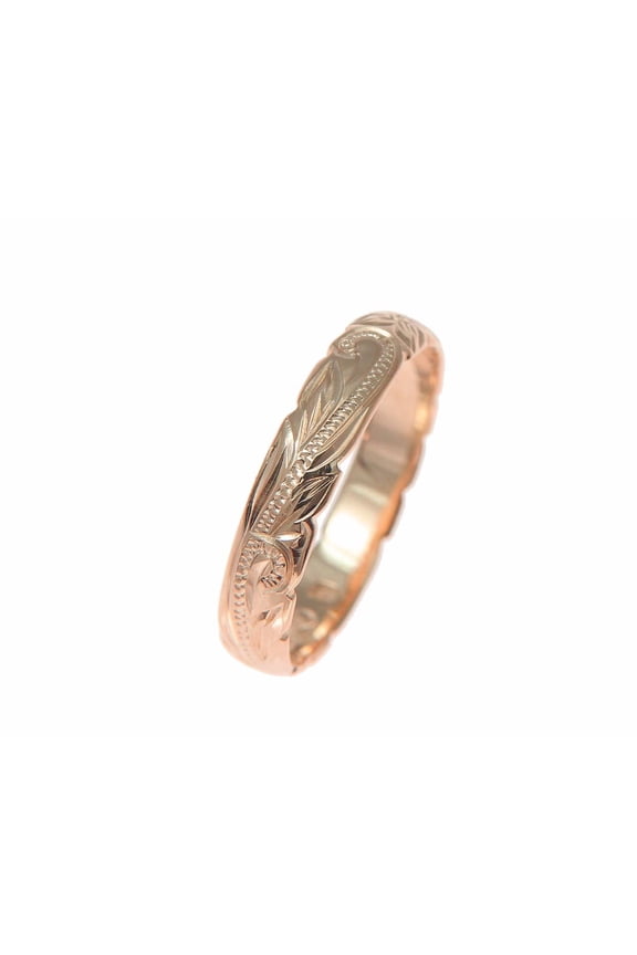 14K rose gold custom hand engraved Hawaiian princess plumeria scroll cut out edge band ring 4mm size 4