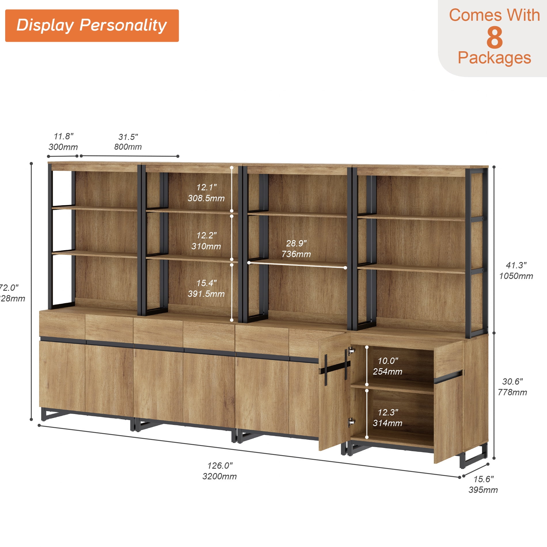 4 PCS Modern 72 Inch Tall Bookcase Units with Reinforced Metal Base, Large Library Bookshelf Set with Adjustable Shelves and Closed Storage Cabinet for Living Room Office