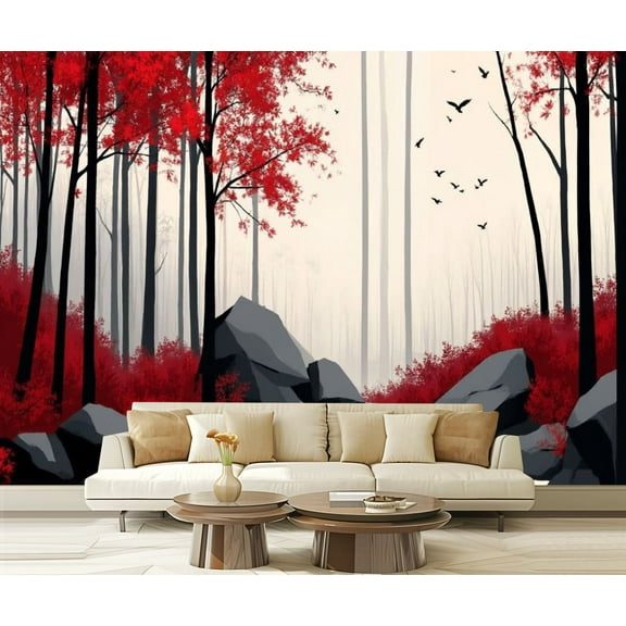 Peel and Stick Wallpaper Black White Red Woods Waterfall Landscape Foliage Dark Trees Red Trees Modern Art Wall Mural Decor Self Adhesive and Removable 69in x 98in
