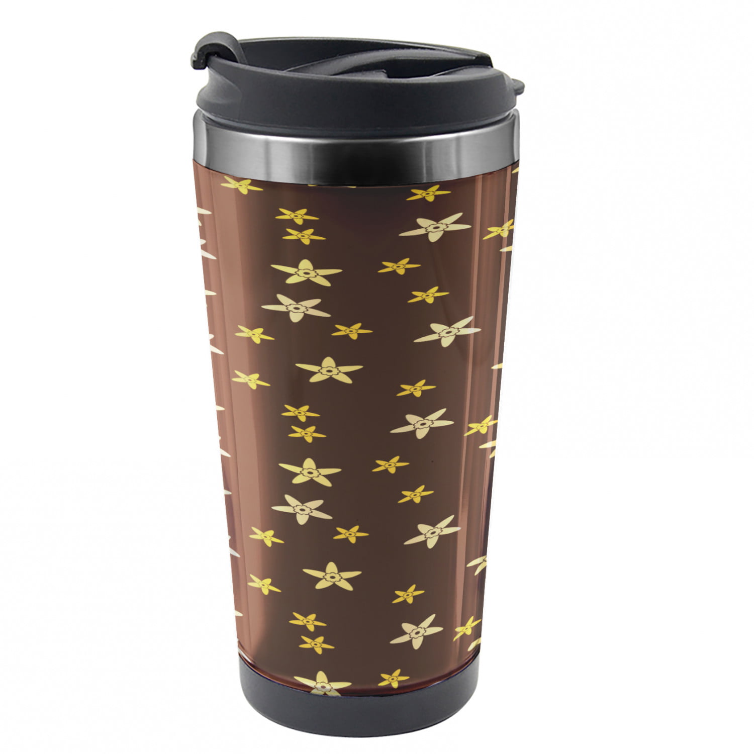 Floral Travel Mug, Yellow Tones Flowers, Steel Thermal Cup