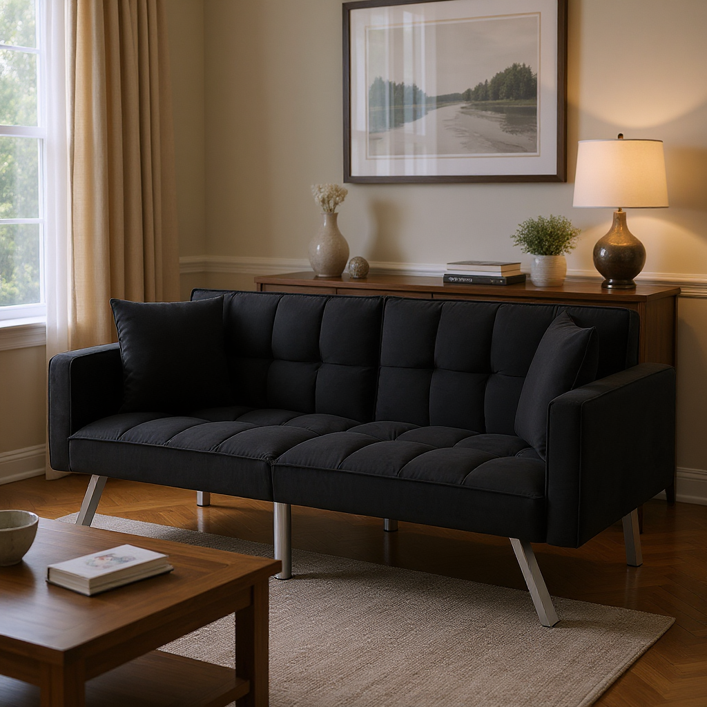 BSHTI 74” Twin Size Futon Sofa Bed,Square-tufted Upholstery Futon Sleeper,Velvet Fabric Sleeper Sofa,for Home,Office,and Guest Room,Black