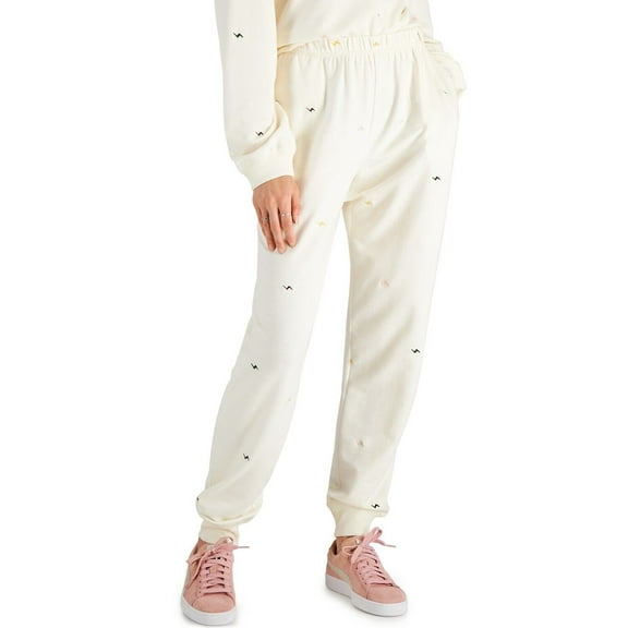 REBELLIOUS ONE Juniors' Embroidered Lightening Bolt Jogger Pants Ivory Sz L B4HP