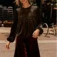 thumbnail image 4 of Rutainlusire Womens Fashion Elegant Velvet Loose Comfy Blouses Tops Women's Lace Panel Velvet Top With Round Neck And Long Sleeves, 4 of 5