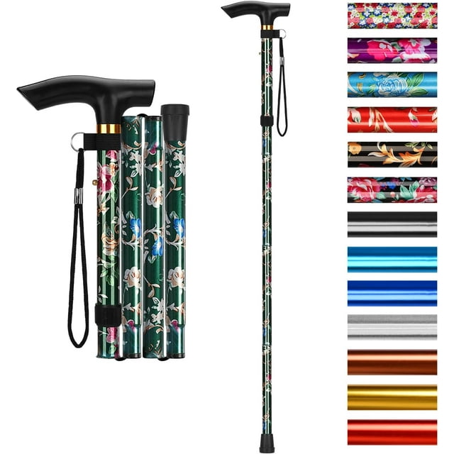 SupreGear Adjustable Folding Cane with T-Handle, 5 Height Levels, Green Floral, Strap for Extra Stability