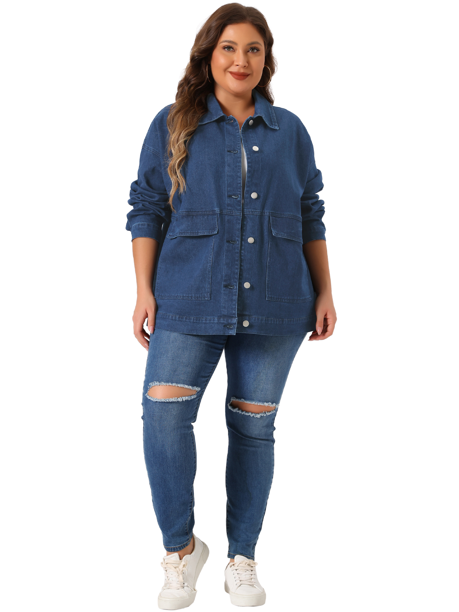 DARING DIVA Women's Plus Size Long Sleeve Vintage Denim Jacket 3X Dark Blue