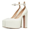 thumbnail image 2 of FSJ Women Sexy Pointed Toe Platform Pumps Buckled Ankle Strap High Block Heels Glossy Evening Night Dressy Shoes Size 7 White, 2 of 4