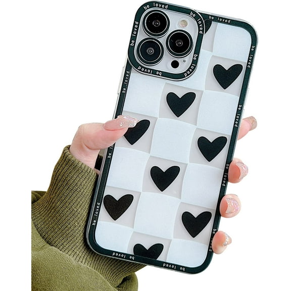 Cute Love Heart Phone Case for iPhone 13 Pro Max Cute Clear Case Women Grils Screen Camera Protection Shockproof Soft TPU Bumper Case for iPhone 13 Pro Max 5g 6.7 inch (Black Heart)