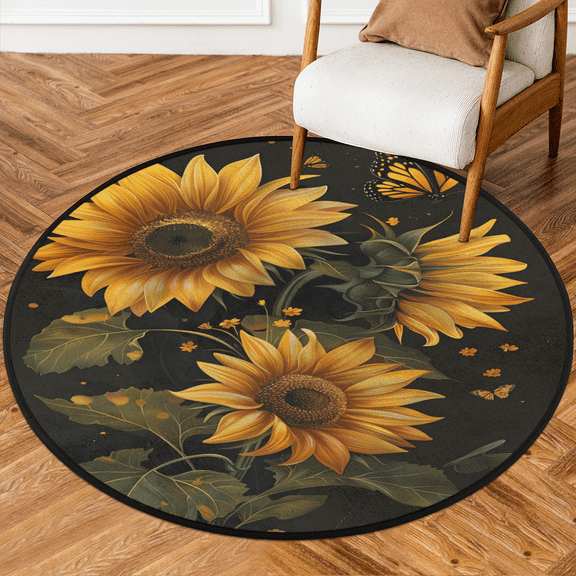 CURLYOOT Round Rug 3ft Black Yellow Sunflower Area Rug, Washable Circle Mat Non Slip Floor Carpet Mat, Soft Indoor Rugs for Entryway Living Room Dining Room Bedroom