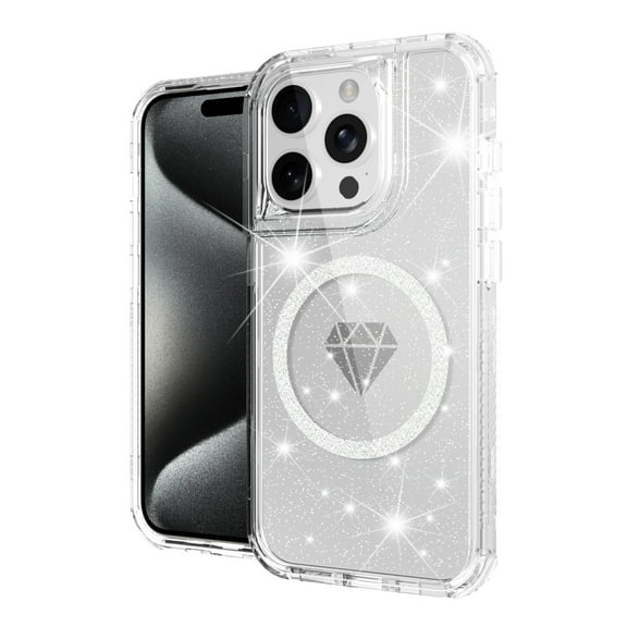 Designed for Apple iPhone 15 Pro (6.1") Magnetic Ring Circle Glitter Bling Sparkle 3in1 Hybrid [Compatible with Magsafe] Clear Shockproof Phone Case Cover [Clear]