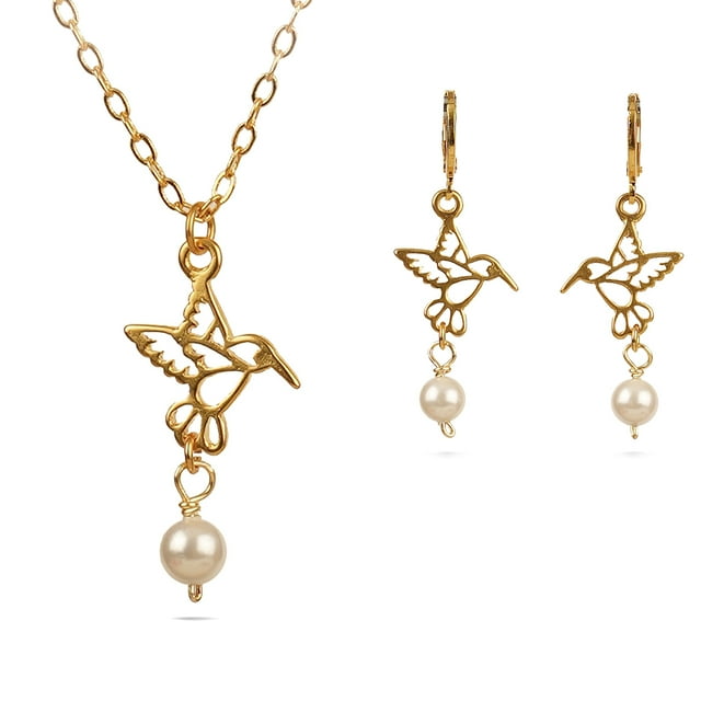 Vangania collar y aretes colibrí dorado con perla elegante para mujer regalo