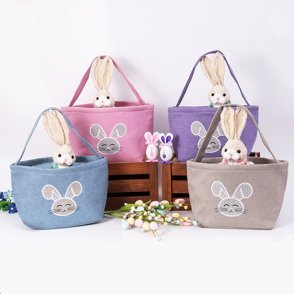 Easter Basket with Handle,Canvas Linen Easters Egg Hunting Bunny Baskets Reusable Candy Tote Bags Perfect for Kids Egg Hunts,Party Game Favor Gifts Supplies