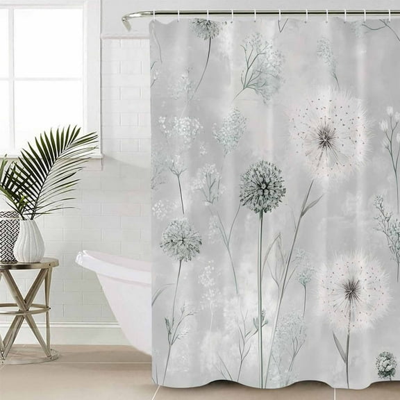 White Green Dandelion Waterproof Fabric Shower Curtain, Grey Floral Leaves Shower Curtain for Bathroom Curtains Bathtubs Hotel Washable Shower Curtains with 12 Hooks Stall 54x78in