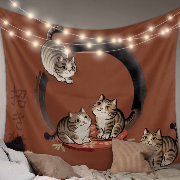 Brown Red Cute Cat Tapestry for Bedroom Wall Hanging Tapestry, Modern Art Ceiling Backdrop Tapestries Poster Blanket Wall Decor for Teens Room Living Room Dorm 55" x 73"