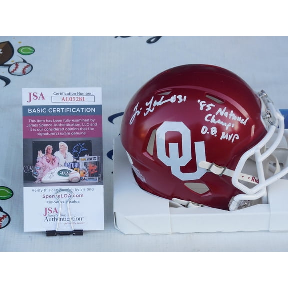 Tim Lashar signed autographed Oklahoma OU Sooners mini speed helmet w/ 85 National Champs and Orange Bwl MVP JSA COA