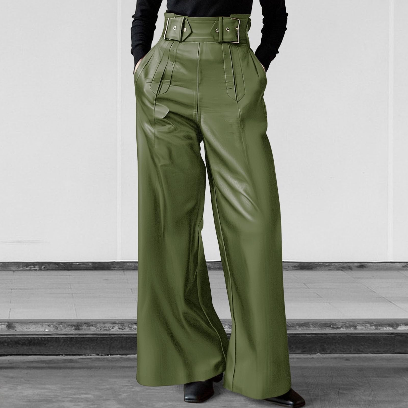 Oksale Faux Leather Pants for Women High Waisted Leggings Pants Wide Leg PU Pants Solid Color Trousers with Pockets 2025 Army Green M