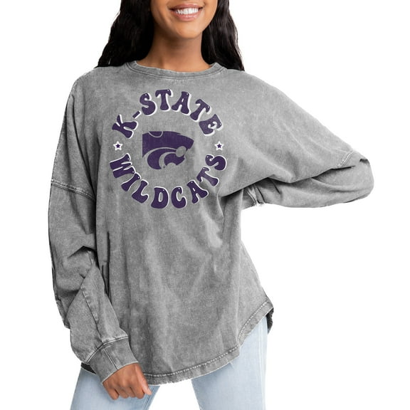 Women's Gameday Couture Gray Kansas State Wildcats Playing Around Faded Wash Oversized Long Sleeve T-Shirt