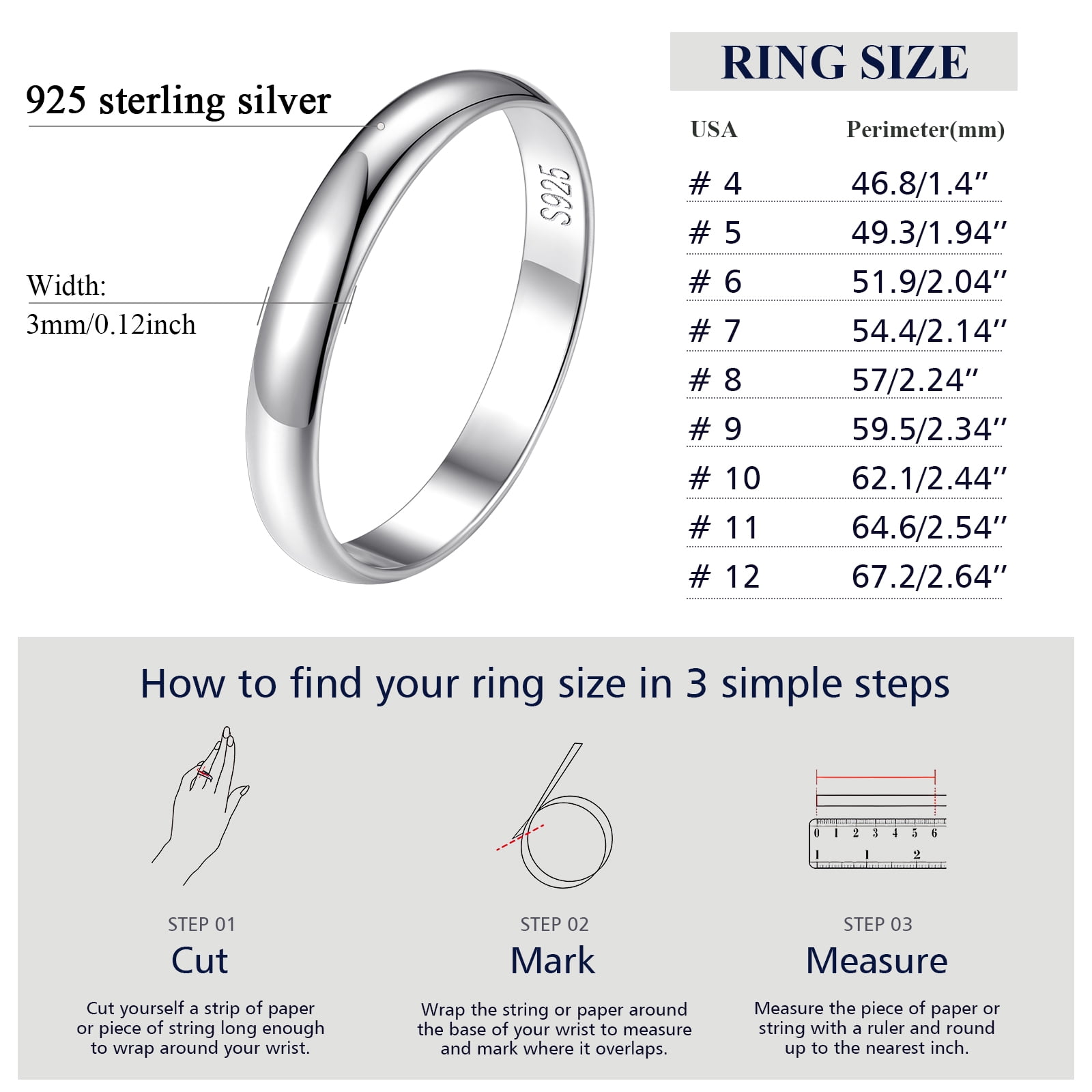 FindChic Simple Band Rings for Women, 3mm 925 Sterling Silver Ring