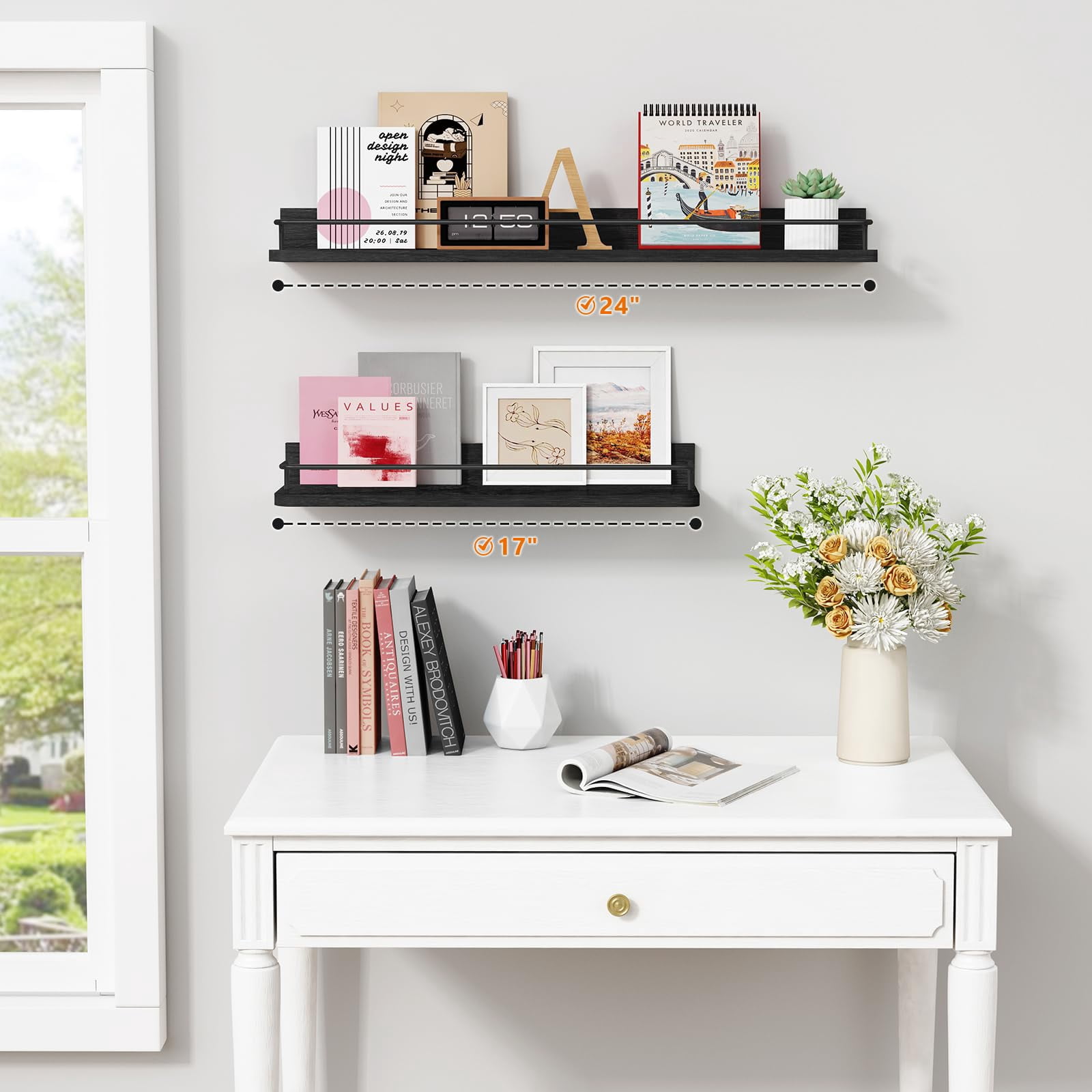 Forbena Gold Floating Shelves for Wall Decor Set of 3, Bathroom Shelves Over Toilet, Modern Display Wall Shelf with Guard Rail for Living Room Bedroom Organizers and Storage - White and Gold