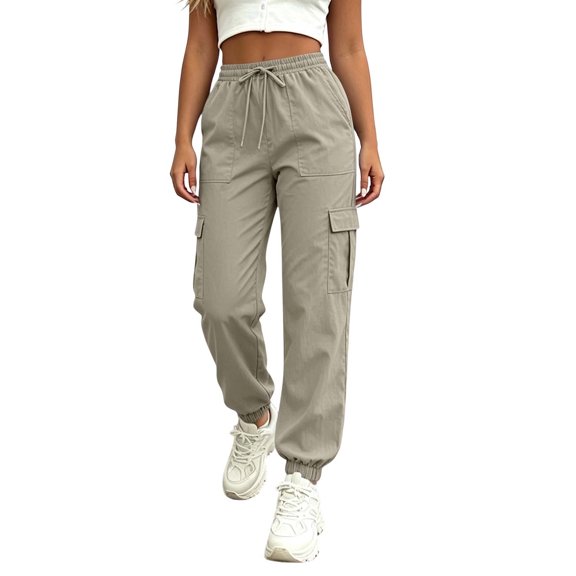 Cmfcve Cargo Pants for Women Lightweight Hiking Pants High Waist Drawstring Casual Joggers with Pockets