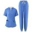 thumbnail image 2 of Minjewel Women's Half Zip High Neck Short Sleeve Scrubs for Women Set with Pockets, Modern & Comfortable Scrub Set for Medical Staff,Light Blue 2XL, 2 of 8