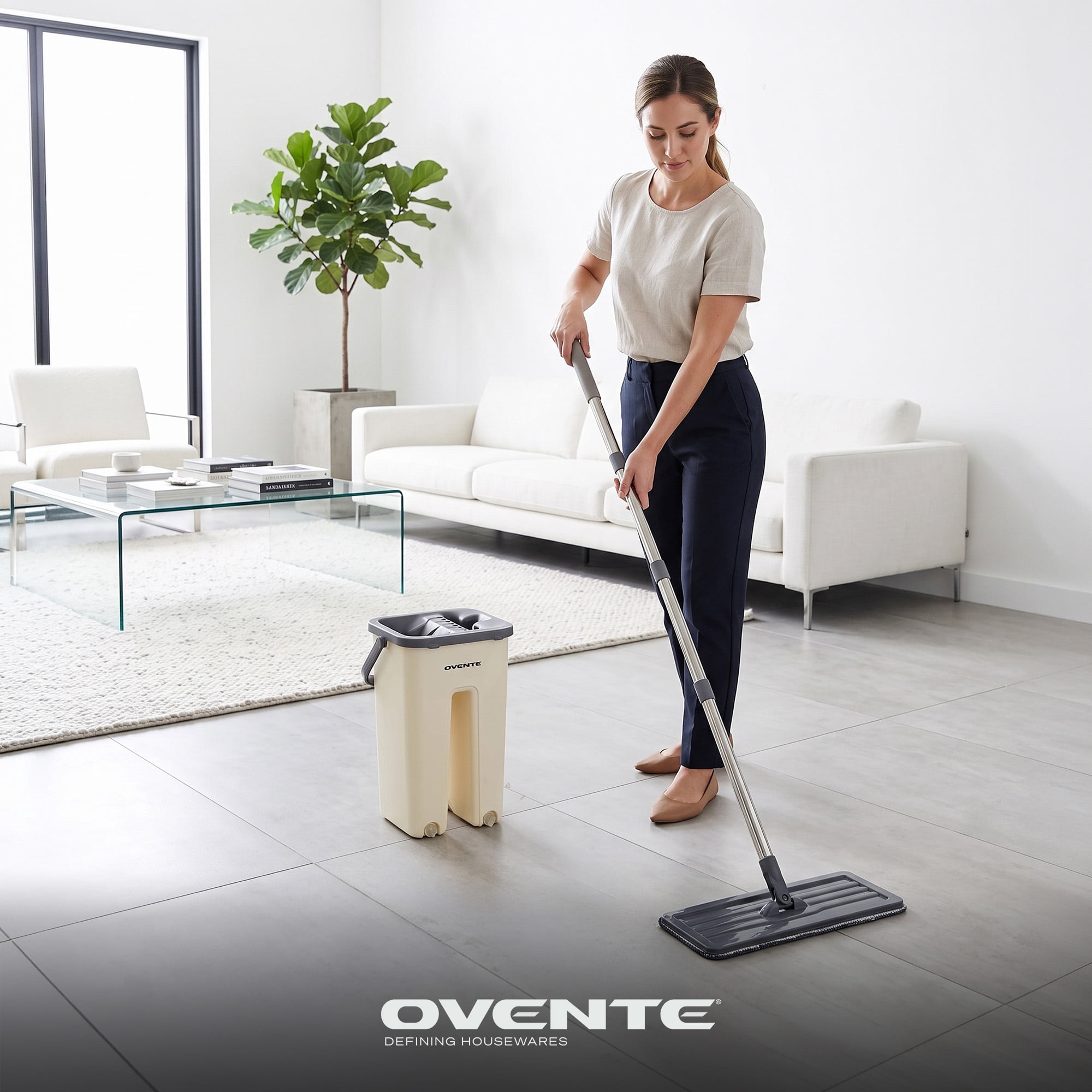 OVENTE Mop and Bucket Wringer Set, Washable Microfiber Pad, Beige MBP32BGG | 360° Rotating Head, Hands-Free Self-Cleaning Flat Floor Mop, Home Cleaner for Smooth Wall, Hardwood, Tile, Glass & More