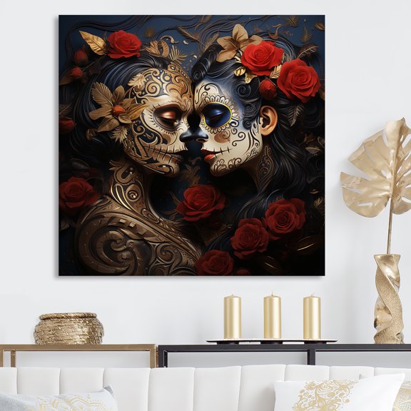 Designart "Day of the Dead Mexican Portrait with Roses I" Fashion Wall Art - Glam Gold Woman Mexican Living Room Canvas Art