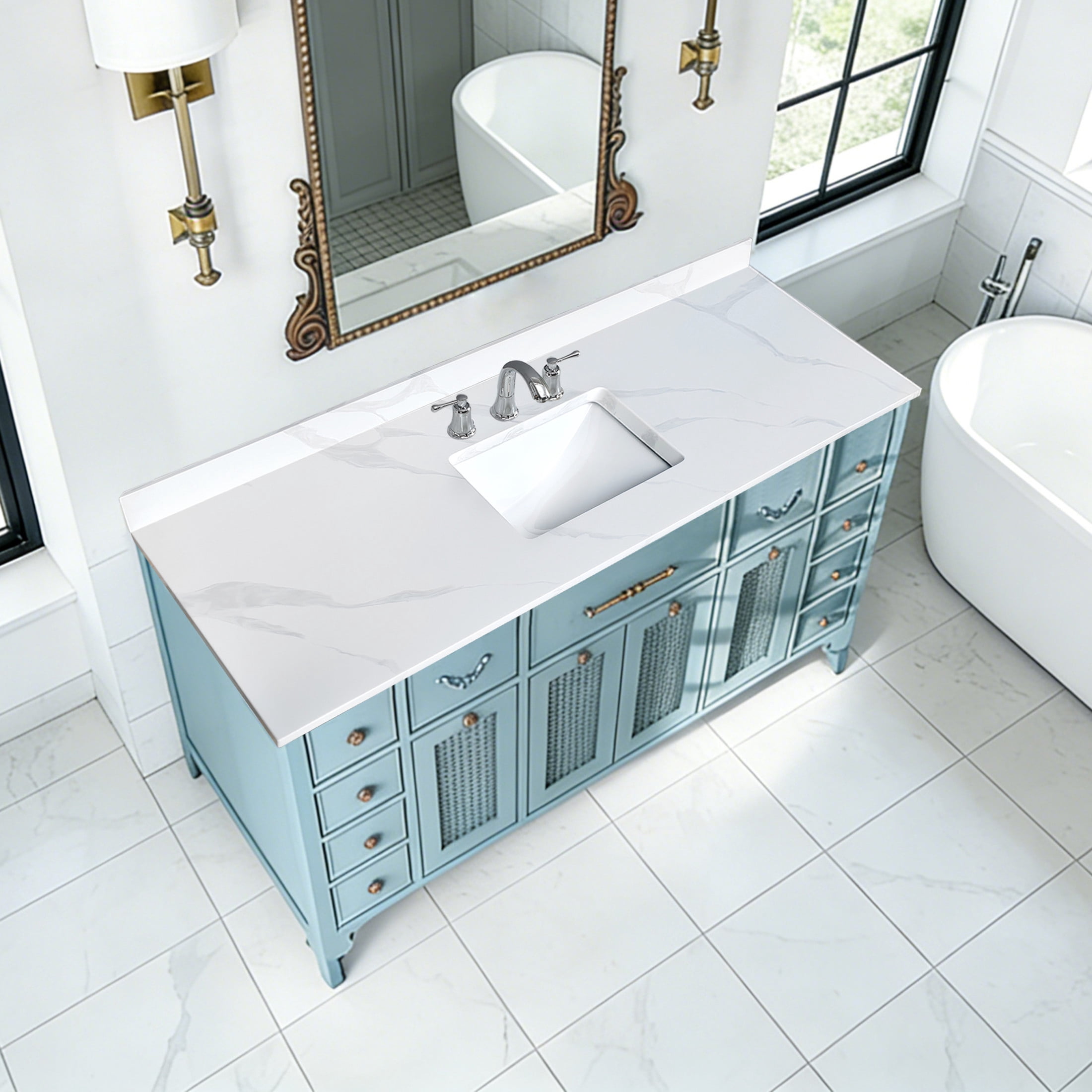 Noble House 61" Bathroom Vanity Top with Undermount Sink, Backsplash and 3 Pre-Drilled Faucet Holes, White