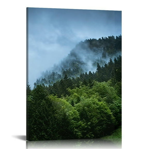 Canvas Wall Art - Green Hills with Fog Background - Modern Home Art Stretched and Framed Ready to Hang The living room and leisure area are decorated in a peaceful forest style 16x24in