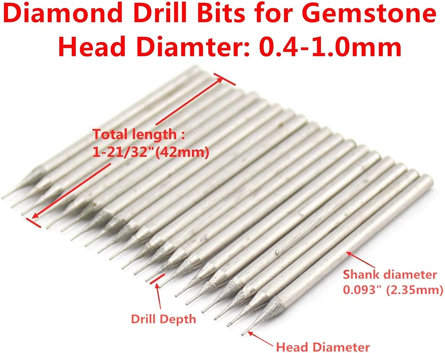 JINGLING 0.4-1.5mm Diamond Drill Bits Set Drilling Lapidary Tools For Stone Pack of 60Pcs