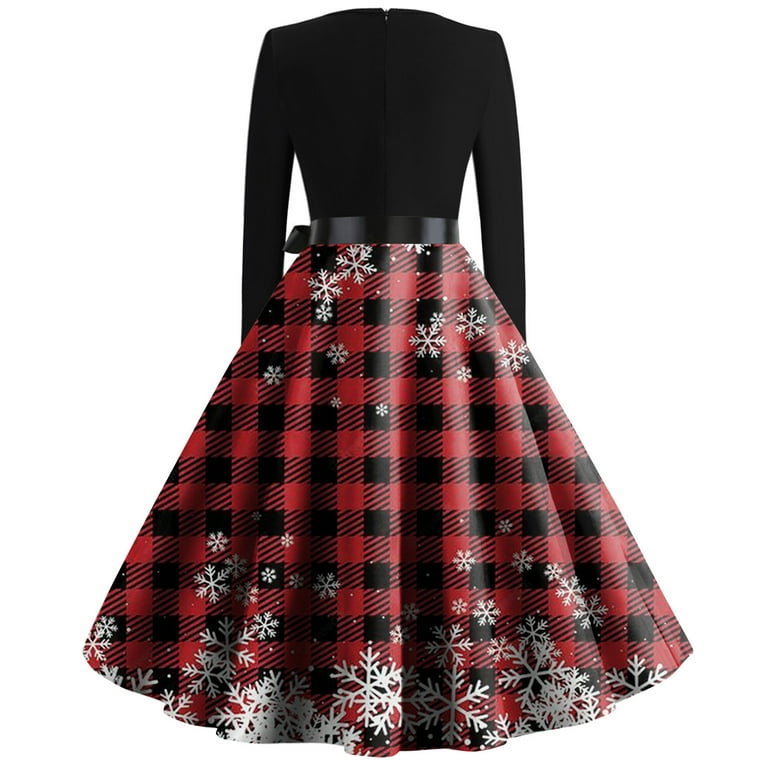 SKSloeg Womens Christmas Plus Size Cocktail Dress Plus Size Christmas Dress  V-Neck Long Sleeve Cocktail Dress Red Plaid Snowflake Print Hepburn Style  1950's Vintage Dresses with Belt Red 4XL 